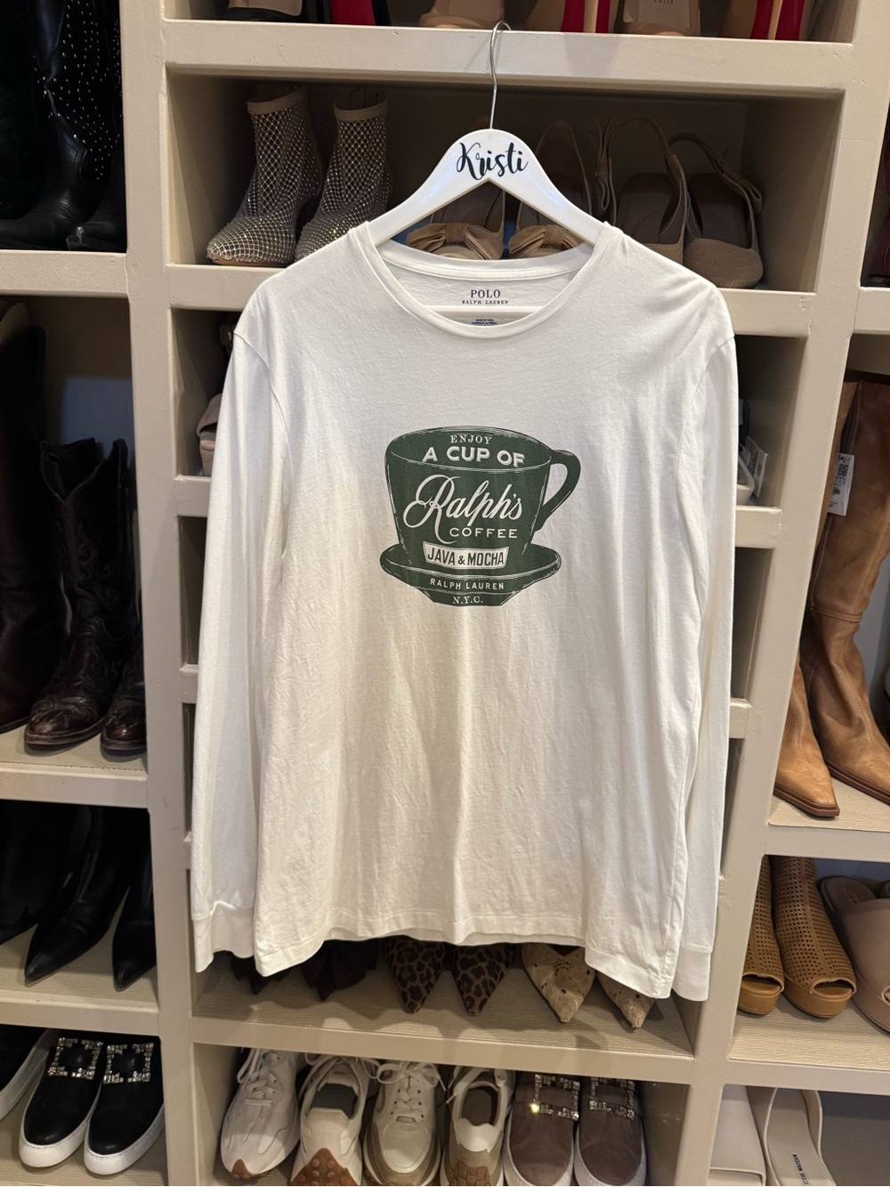 Polo by Ralph Lauren White Long-Sleeve Tee with Green Coffee Cup Graphic